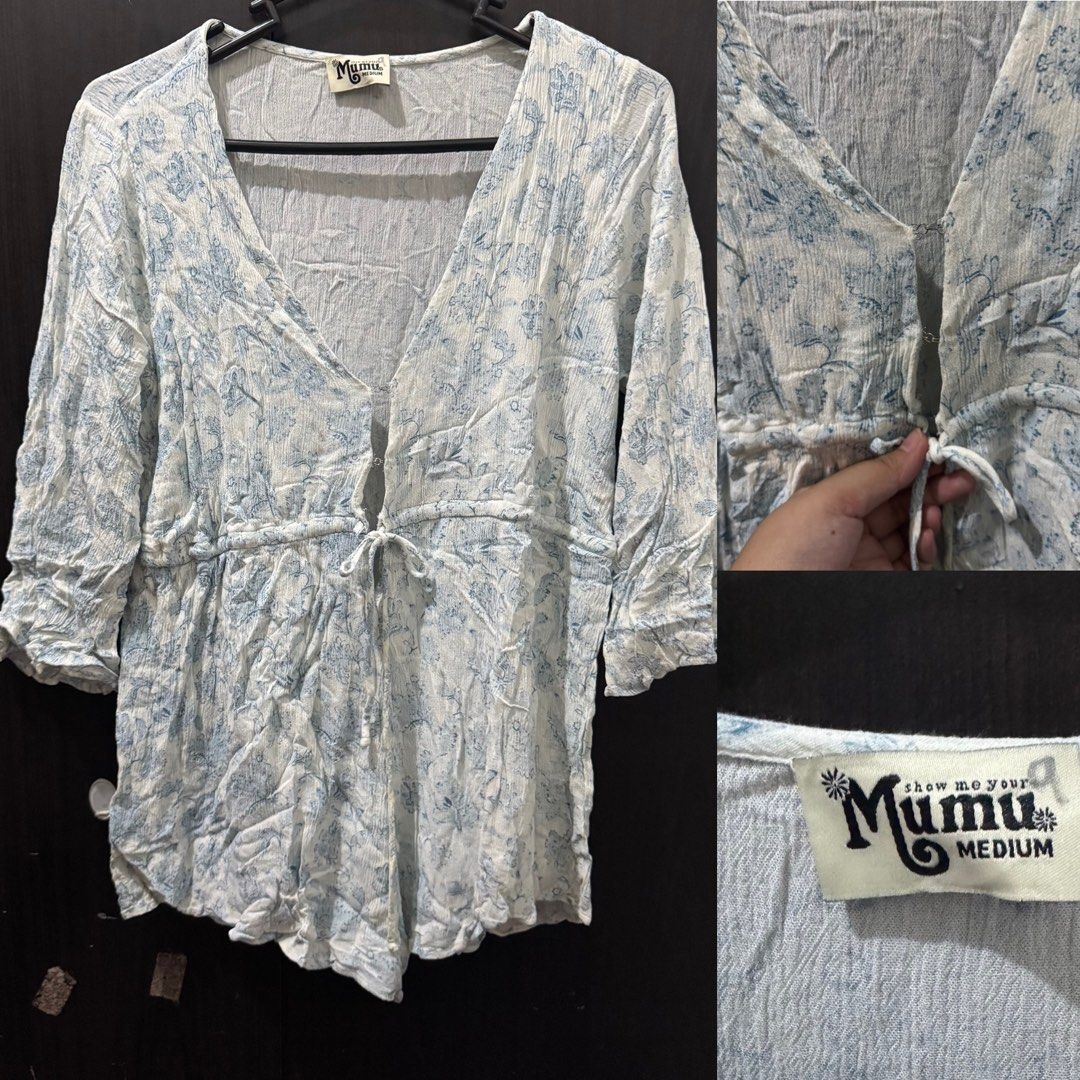 (Get 3 for 350) Mumu Floral Romper M-L (Category: Rompers) located in Taguig. Submitted by bnplswmakeup (Listing ID 1395191925, Image 3). Description: - Show Me Your Mumu Romper - Floral print - Size: Medium. Can fit til Large - V-neckline - Long sleeves - Tie closure at waist - Delicate chain detail at neckline MOP: BPI/Gcash Shipping via J&T/Grab/Lalamove.