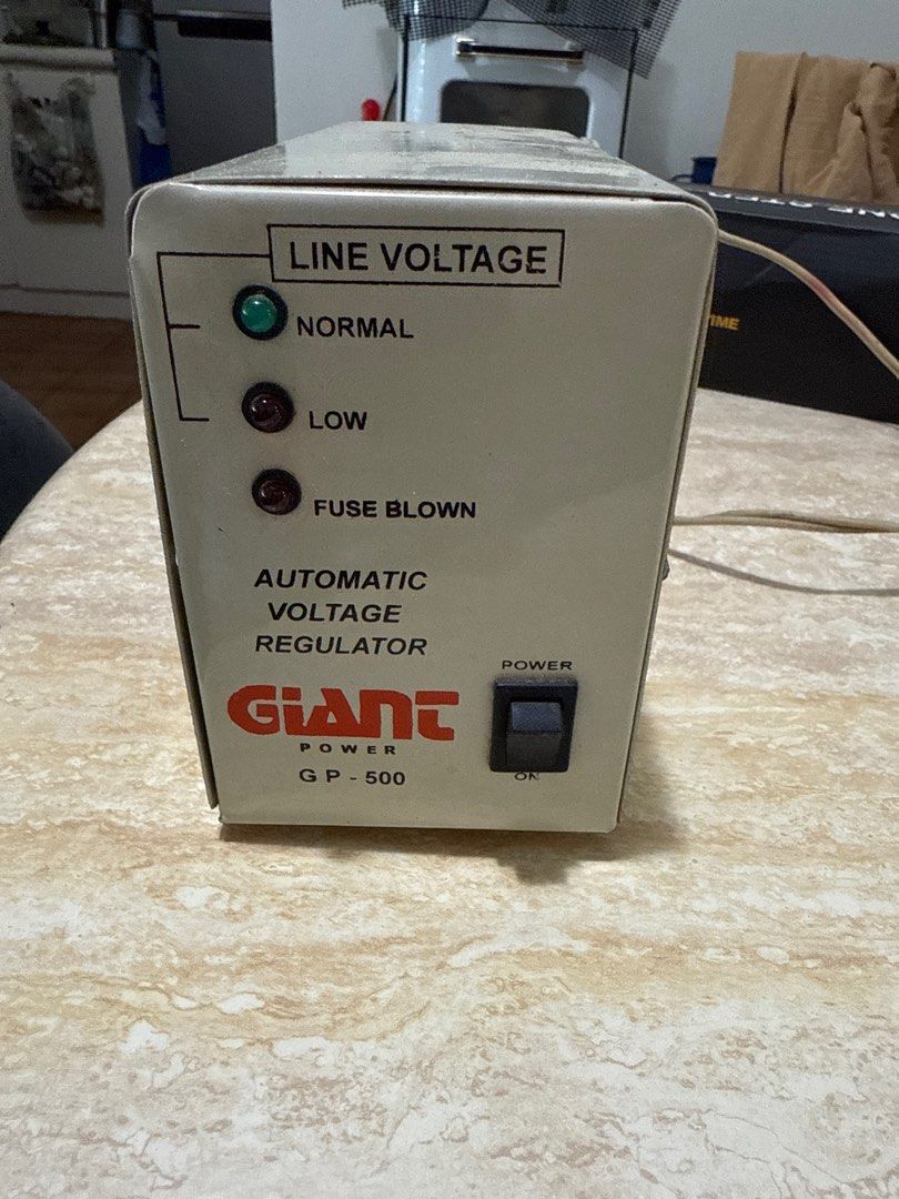 Giant Power GP-500 Automatic Voltage Regulator (Category: Electrical, Adaptors & Sockets) located in Cebu City. Submitted by jungmoe (Listing ID 1395173205, Image 1). Description: - Giant Power GP-500 Automatic Voltage Regulator - Line voltage indicator: Normal, Low, Fuse Blown - Power on/off switch - Outlets: Two 220V, One 110V - Includes fuse and caution label - Protects your appliances by regulating voltage.