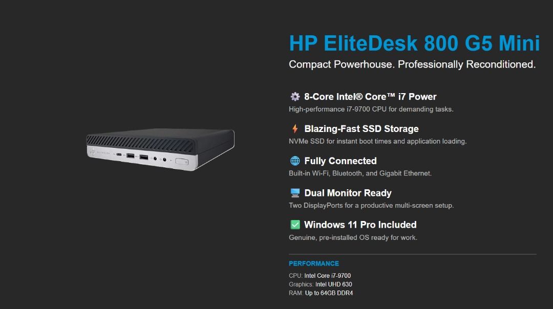 HP EliteDesk 800 G5 High Specs (Category: Desktops) located in Bacoor. Submitted by silentactive (Listing ID 1395233558, Image 1). Description: Brand NEW! Never Been Used Just Open for testing only No Box included 16gb RAM, NVME SSD 500gb and Intel i7-9700 3.00 GHz Free HP Keyboard Included Experience performance, expandability, security, and manageability tailored for the modern workplace with the compact HP EliteDesk 800 Desktop Mini. Meet the 