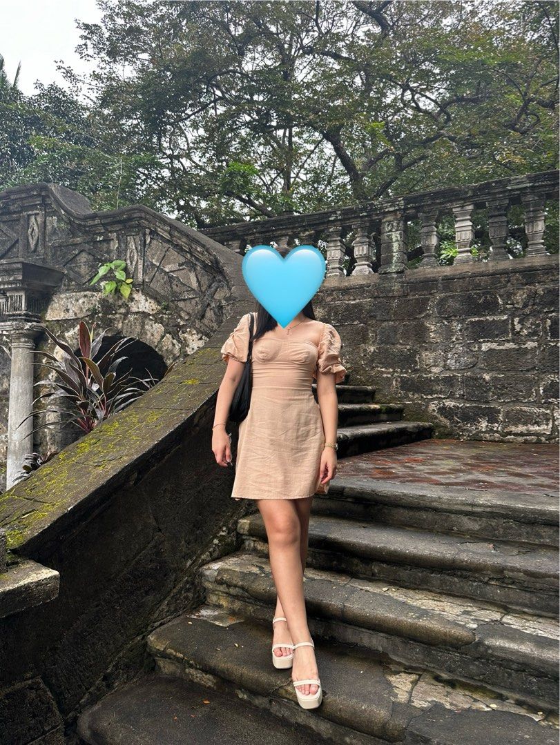 Off-Shoulder Puff Sleeve Dress (Category: Dresses) located in Manila. Submitted by cazly (Listing ID 1395215759, Image 2). Description: - Off-shoulder design - Puff sleeves - Fitted bodice - Flared skirt - Mini length - Neutral beige color - Textured fabric.