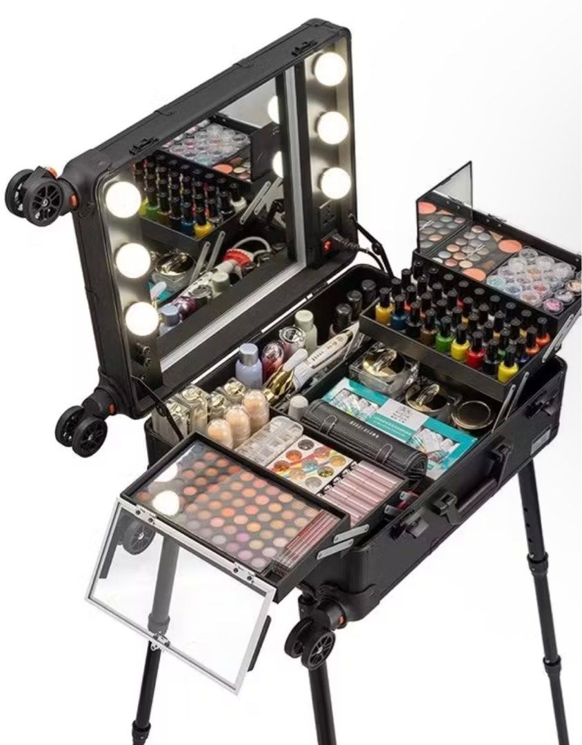 Professional Makeup Luggage with Mirror, Adjustable Stand, LED Lights & Bluetooth Speaker [Case Only] (Category: Makeup) located in Antipolo. Submitted by lala.lysa (Listing ID 1395249415, Image 2). Description: lightly used for 2 weeks, then kept in storage. large capacity, waterproof, mildew-proof, scratch-proof, portable, pressure-resistant and anti-fall main materials: aluminum alloy + mdf/abs color: rose gold size (21 inches, 6 lights): 52cm