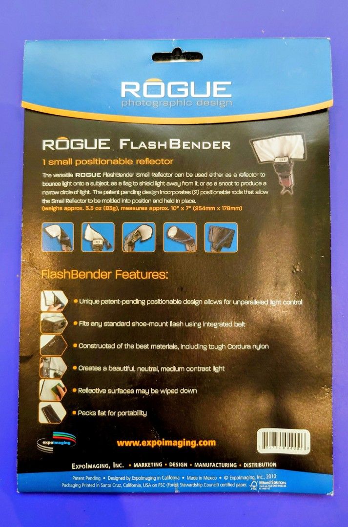 Rogue FlashBender Small Reflector (Category: Other Photography Accessories) located in Makati City. Submitted by ppomidyar (Listing ID 1395185355, Image 2). Description: Rogue FlashBender Small Reflector is a small, positionable reflector. It can be used either as a reflector to bounce light onto a subject, or as a flag to shield light away from it. It fits any standard shoe-mount flash using an integrated belt. The reflective surface may be wipe