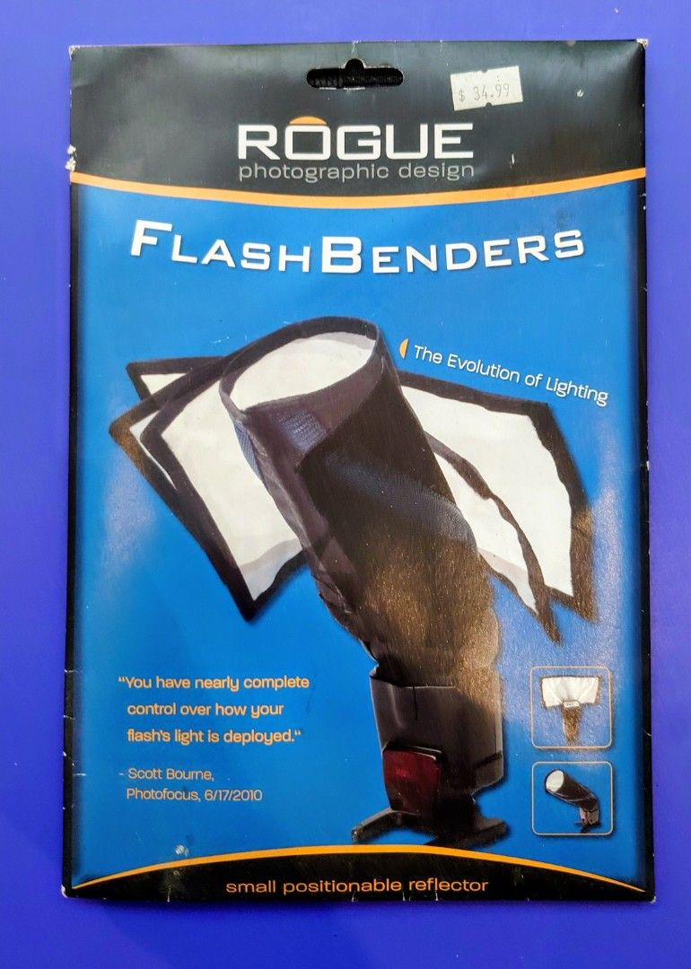 Rogue FlashBender Small Reflector (Category: Other Photography Accessories) located in Makati City. Submitted by ppomidyar (Listing ID 1395185355, Image 1). Description: Rogue FlashBender Small Reflector is a small, positionable reflector. It can be used either as a reflector to bounce light onto a subject, or as a flag to shield light away from it. It fits any standard shoe-mount flash using an integrated belt. The reflective surface may be wipe