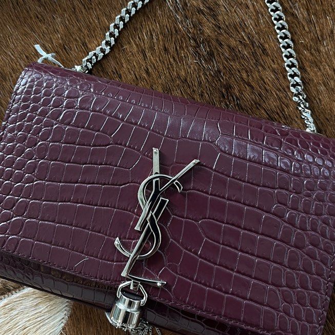 Saint Laurent Kate Sunset Croc-Embossed Chain Bag (Category: Luxury Bags & Wallets) located in Quezon City. Submitted by hush_lowkey (Listing ID 1395184337, Image 1). Description: - Saint Laurent Sunset chain bag - Deep burgundy croc-embossed leather - Silver-tone chain strap - Iconic YSL logo - Includes dust bag and authenticity card - Single interior compartment.