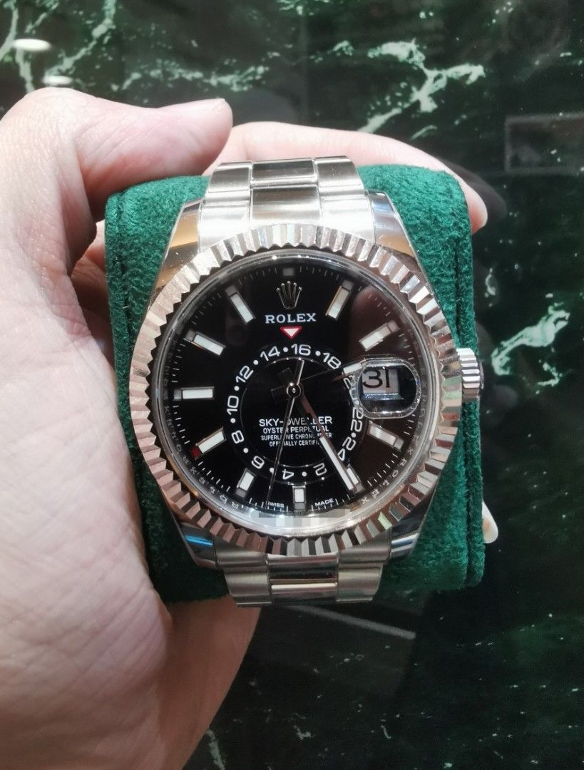 Sept 2020 Rolex Skydweller 42 steel black dial oyster (Category: Watches) located in Singapore. Submitted by hengwatch (Listing ID 1395276006, Image 1). Description: Rolex Sky dweller 42 steel black dial oyster Model number 326934 Mint condition With protection film applied Comes with box and cert dated Sept 2020 With white hang tag with matching serial number Selling for $19950 Subscribe to our tele-gram group for constant updates //t.me/HengWat