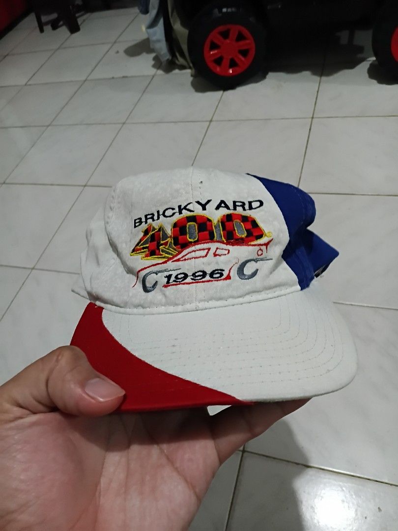 Vintage 1996 Brickyard 400 NASCAR Snapback (Category: Caps & Hats) located in Bacolod City. Submitted by lilhak (Listing ID 1395169040, Image 1). Description: - Issues, Hairline on Snap and Not So White on the Hat - Size more on S to L on head.