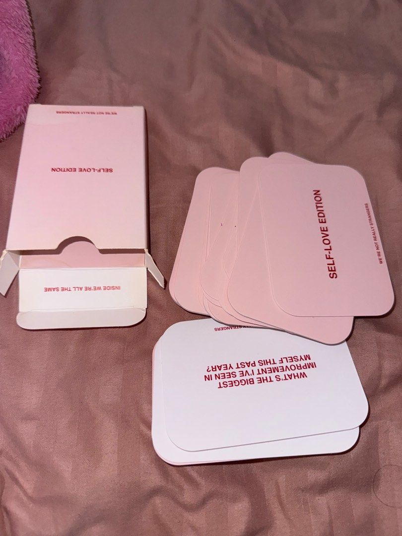 We're Not Really Strangers Self-Love Edition (Category: Storybooks) located in Manila. Submitted by eancc (Listing ID 1395343529, Image 1). Description: - We're Not Really Strangers Self-Love Edition card deck. - Features cards with prompts for self-reflection. Box has a slight water stain but no cards are damaged, barely noticeable RFS: already used them hopefully it could be helpful to someone MOP: Gcash BDO BPI Delivery: Lalamove, JNT Loc: Avi