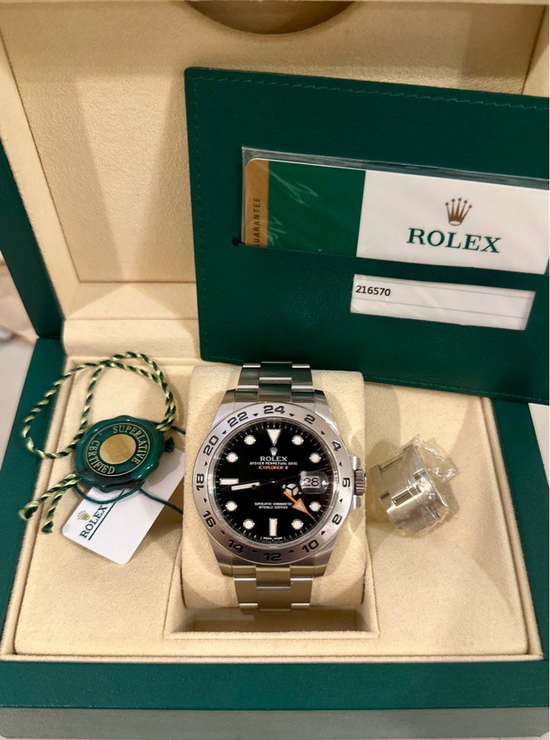 2017 Rolex Explorer II Black Dial (Category: Luxury Watches) located in Manila. Submitted by hourglassgalleryph (Listing ID 1395447099, Image 2). Description: SELLING LOW‼️ 🏷️ ₱435k only! - still negotiable 2017 Rolex Explorer II 42mm Black Ref no. 216570 42mm SS Case | Black Dial | Orange GMT Hand Local AD - Dated 2017/05 9.5/10 cond. Complete Set. Full Links. Trades Accepted. Open for Authentication. Guaranteed Authentic or Money Back. Meet up