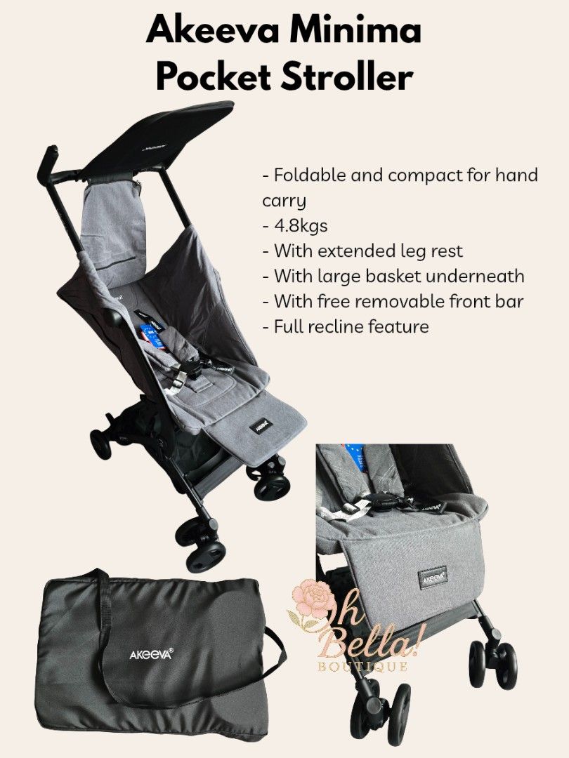 AKEEVA MINIMA POCKET STROLLER (Category: Strollers) located in Muntinlupa City. Submitted by ohbellaboutique.ph (Listing ID 1395462905, Image 1). Description: AKEEVA MINIMA POCKET STROLLER - Foldable and compact for hand carry - 4.8kgs - With extended leg rest - With large basket underneath - With free removable front bar - Full recline feature - Brand new 📍 Muntinlupa 💵 GCash, BPI, Pay upon your pick up 🏍 J&T, Lalamove, You can pick up #ohbel
