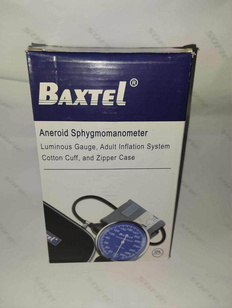 BAXTEL ANEROID SPHYGMOMANOMETER (Category: Medical Supplies & Tools) located in Quezon City. Submitted by andrea_dxs (Listing ID 1395409559, Image 1). Description: The Baxtel aneroid sphygmomanometer is a manual blood pressure measuring device (non‑digital, non‑mercury) using a dial (gauge) and cuff + bulb inflation system. It often comes as a kit including a stethoscope, a cotton cuff (Velcro closure), a zippered carrying case, and the gauge / i