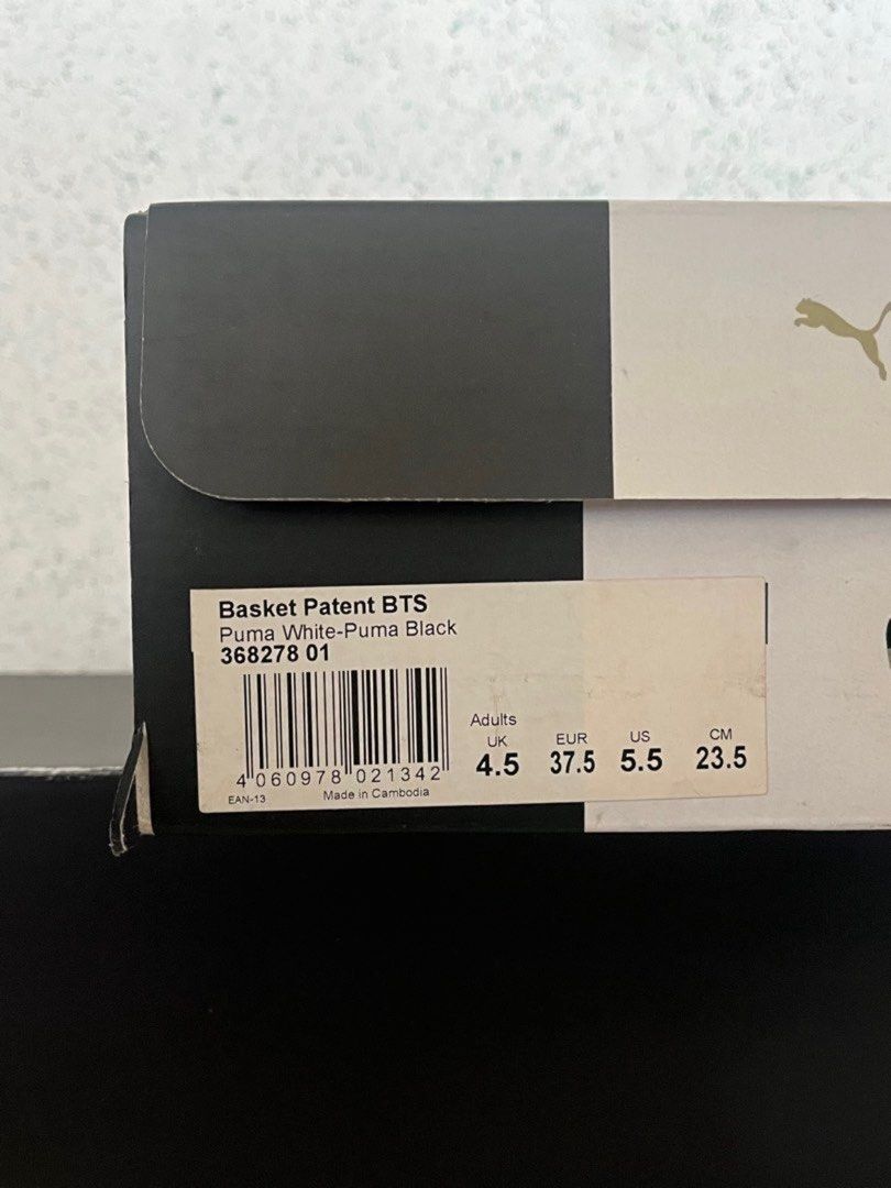 BTS Puma Basket Patent Sneakers (Category: Sneakers) located in Quezon City. Submitted by maejichoco (Listing ID 1395497424, Image 2). Description: Size 7 Comes with box & (2) extra black shoelaces Few creases in front Shoelaces need cleaning Insole print peeled off.