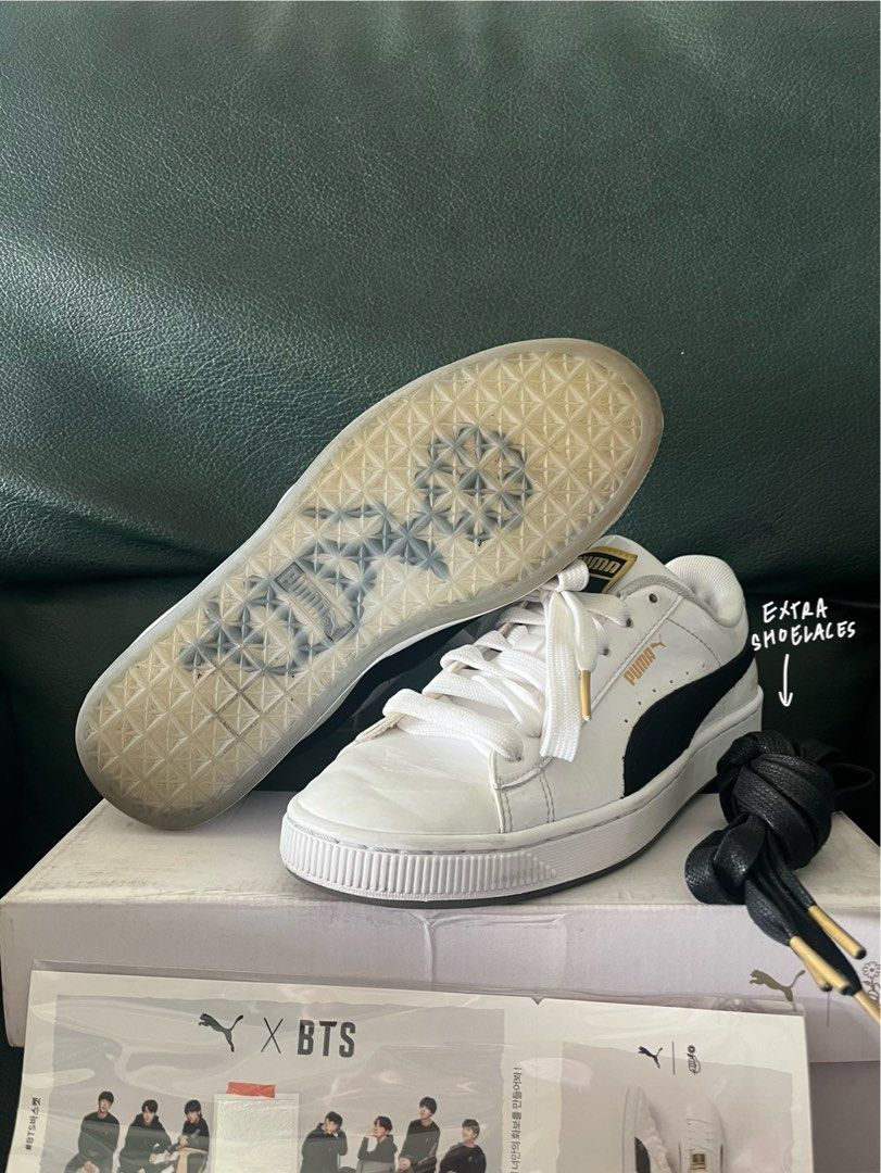 BTS Puma Basket Patent Sneakers (Category: Sneakers) located in Quezon City. Submitted by maejichoco (Listing ID 1395497424, Image 1). Description: Size 7 Comes with box & (2) extra black shoelaces Few creases in front Shoelaces need cleaning Insole print peeled off.