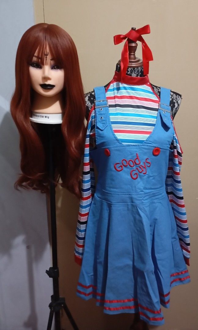 Chucky Costume with Wig for rent (Category: Dresses) located in Mandaluyong City. Submitted by lil_zofievamps_shop (Listing ID 1395535665, Image 1). Description: - Chucky costume set for rent - Includes: - Blue overall dress with "Good Guys" embroidery - Striped long-sleeved shirt - Auburn wig with bangs - Perfect for Halloween or cosplay.