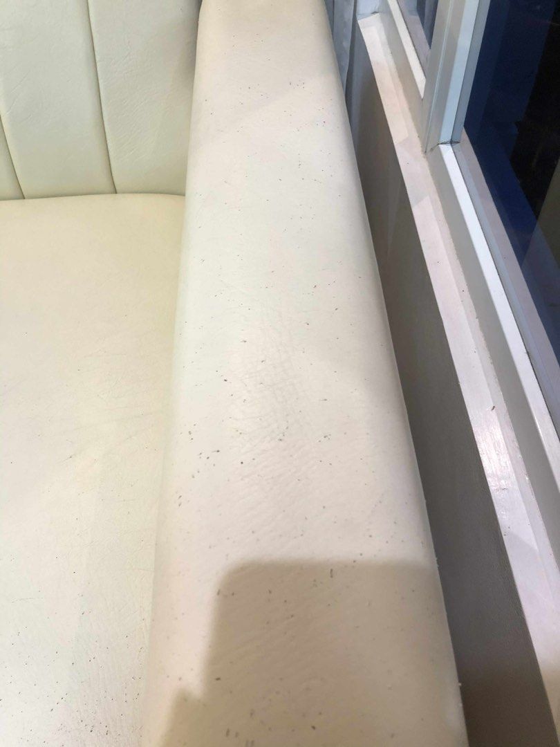 Cream-colored Sofa (Category: Sofas) located in Caloocan City. Submitted by pinkeu_pink (Listing ID 1395462513, Image 3). Description: - Cream-colored sofa - Includes pink and white cover for free - decorative pillow not included - Modern design - Suitable for living room - can be adjusted to full bed (please see photos) - with cat scratches and small holes (please see pictures) - pick up near sm fairview - rfs: will buy a new one.