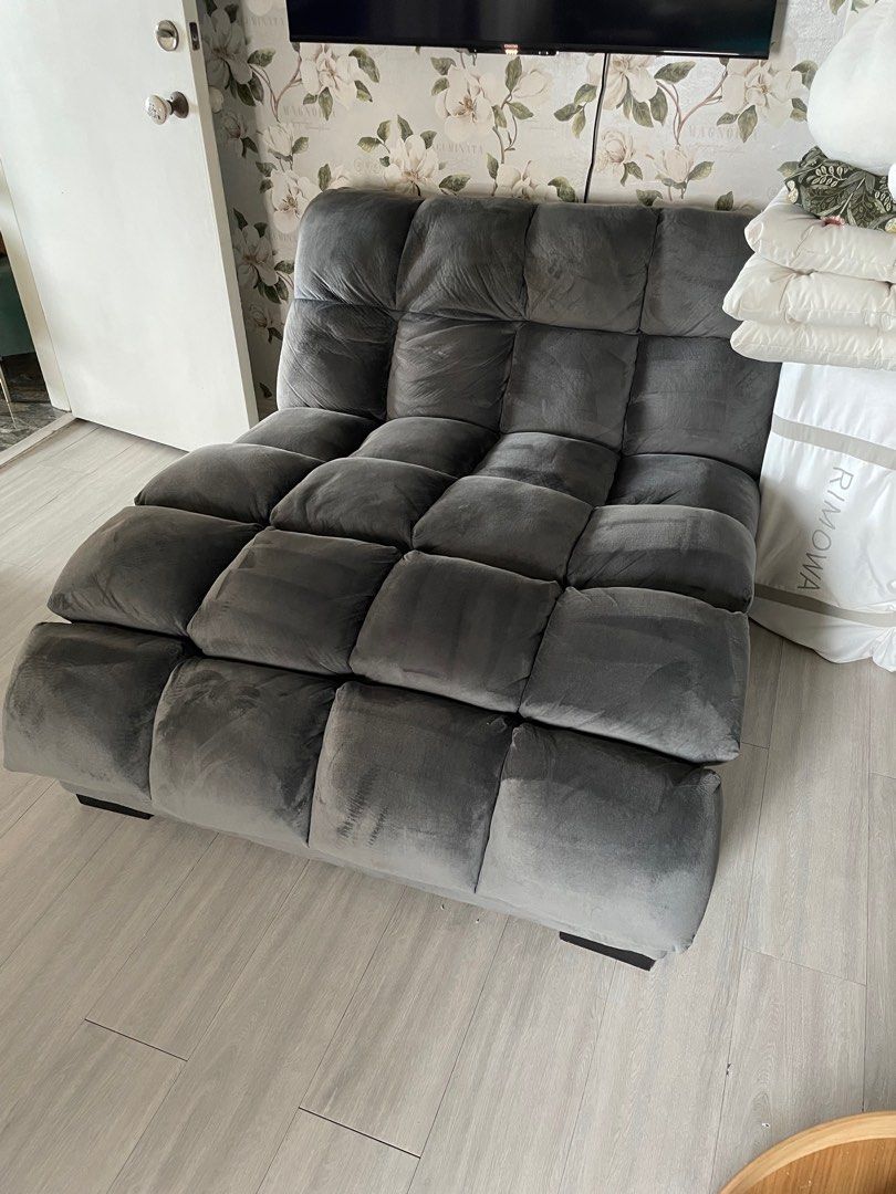 Large Gray Chaise Furniture Sofa (Category: Sofas) located in Manila. Submitted by 6urns (Listing ID 1395428910, Image 1). Description: - Gray chaise - Soft, velvety material - Modern, low-profile design - around the size of a double bed.