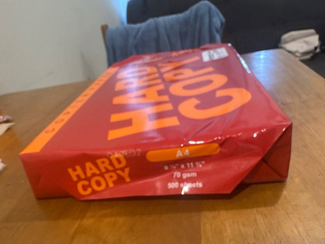 OPENED Hard Copy A4 Copier Paper (Category: Printers, Scanners & Copiers) located in Manila. Submitted by cchaiprincess (Listing ID 1395361633, Image 2). Description: - A4 Copier Paper - 500 sheets per pack - 70 gsm weight - Bright white - Smooth surface - Compatible with copiers, laser printers, and inkjet printers - Suitable for text and graphics rfs: wrong size bought only used less than 30 papers .