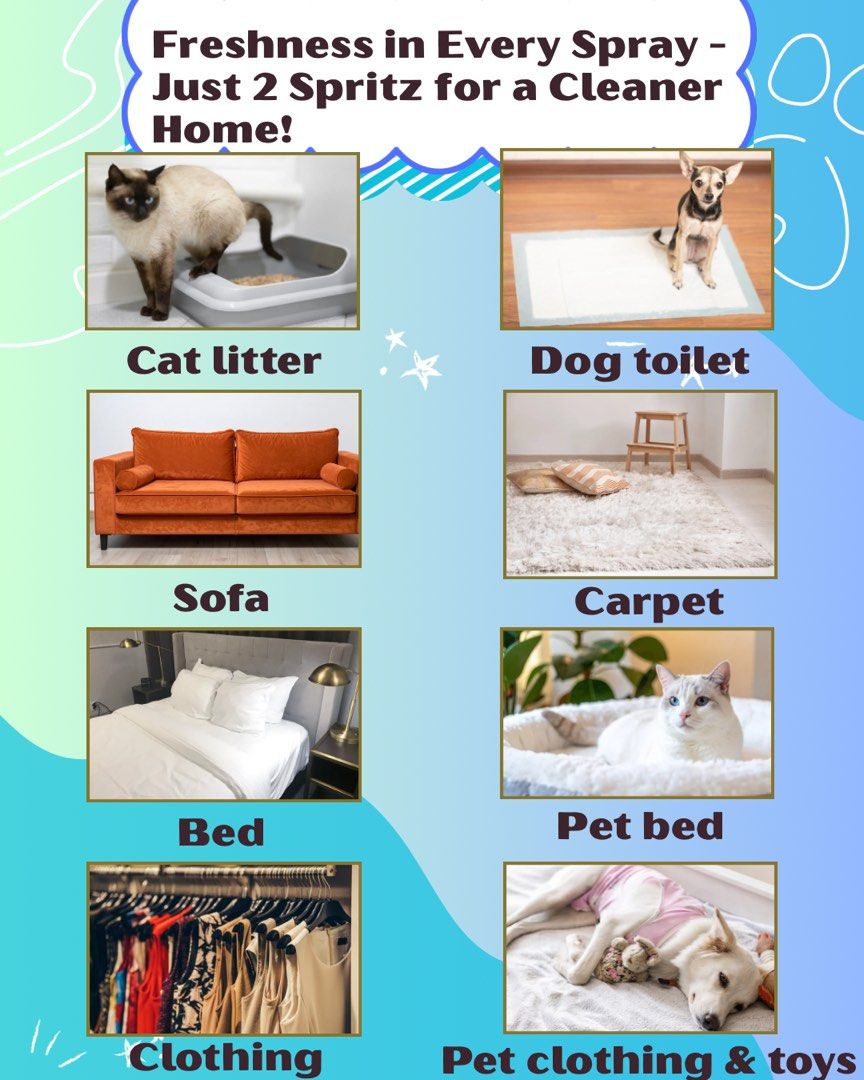 Pet odor spray deodorant with odor eliminator (Category: Fragrance & Deodorants) located in Cavite. Submitted by brixaaron (Listing ID 1395509806, Image 2). Description: Transform your home into a spa-like haven while keeping it fresh and pet-safe! ✔️ Spa-like fragrance – relaxing lavender & lemongrass blend ✔️ Eliminates stubborn pet odors instantly ✔️ Safe for pets & family – non-toxic, gentle formula ✔️ Perfect for rooms, pet areas, fabrics, a