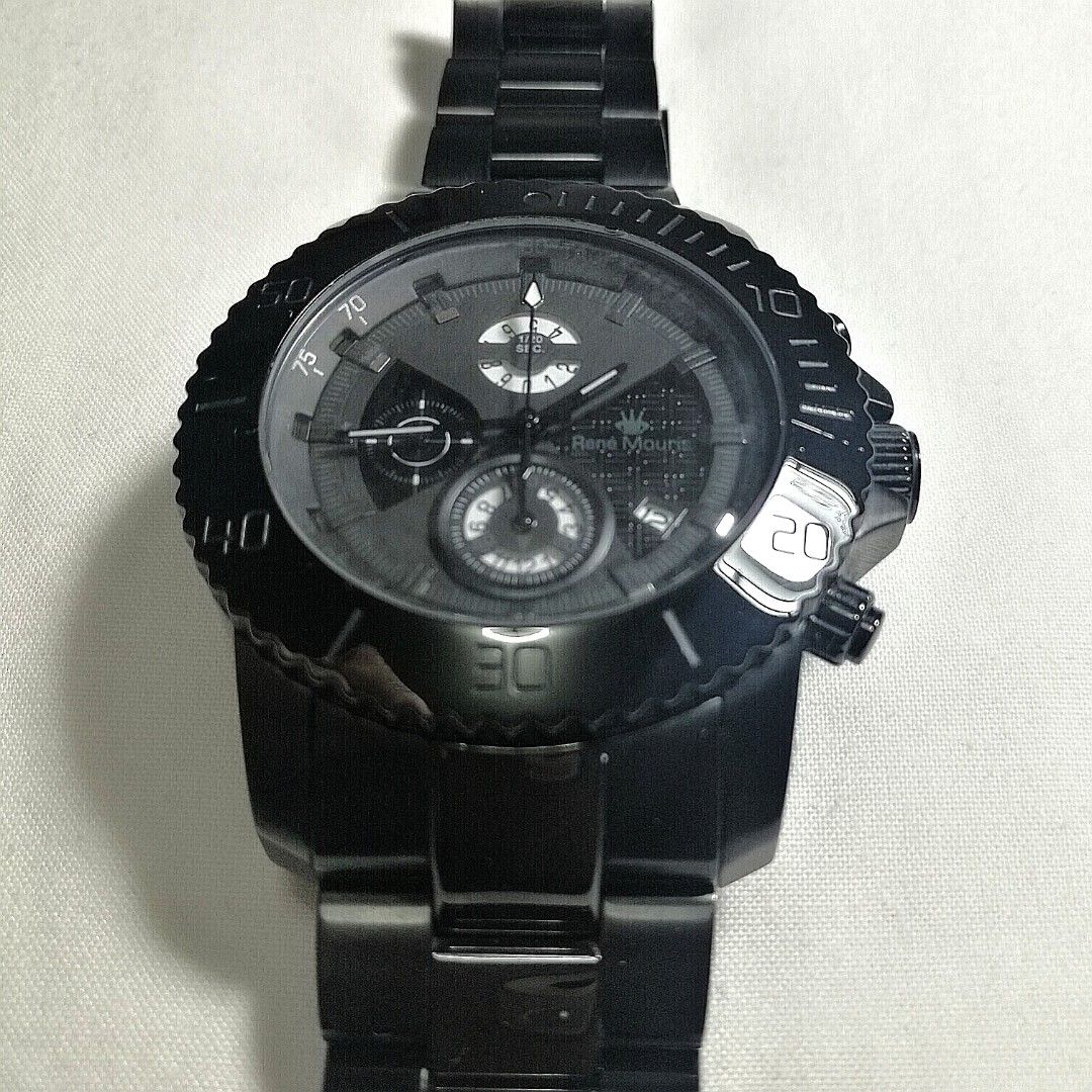 René Mouris Chronograph Watch (Category: Men's Watches) located in Manila. Submitted by allant1976 (Listing ID 1395495045, Image 2). Description: Selling an almost new René Mouris all black chronograph watch. Model #90114, Dynamique L.I.F.L. Purchased at Robinsons Metro East for Php 12,000, but I only wore this watch maybe 4x only. Very rugged and elegant, suitable for those who love big watches. Works like new. All pushers still works. (need to 