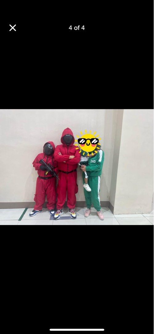 Squid Game Costume (Category: Babies & Kids Fashion) located in Quezon City. Submitted by sky_bookstore (Listing ID 1395499614, Image 1). Description: Php300 - rent Php300 - refundable deposit fee (will be refunded when you return the costume) 3 Days rent Sizes available Kids Small 4-5 years old (No. 067) 🔺Jacket - Length - 20' 🔺Shirt - Length - 16.5' 🔺Pants - Waistline - 28-30' (garterized) ; Length - 28.5' Medium 6-7 years old (No. 456) 🔺Ja