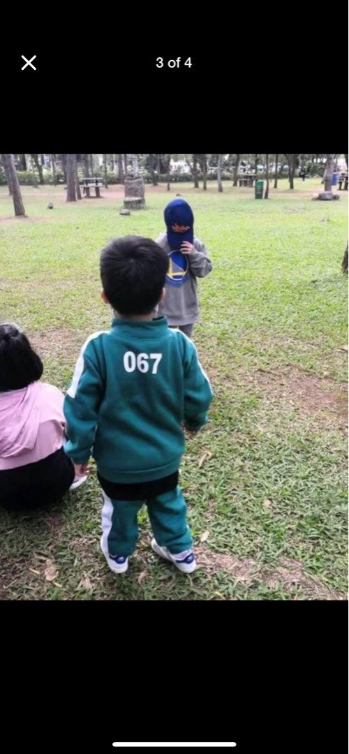 Squid Game Costume (Category: Babies & Kids Fashion) located in Quezon City. Submitted by sky_bookstore (Listing ID 1395499614, Image 2). Description: Php300 - rent Php300 - refundable deposit fee (will be refunded when you return the costume) 3 Days rent Sizes available Kids Small 4-5 years old (No. 067) 🔺Jacket - Length - 20' 🔺Shirt - Length - 16.5' 🔺Pants - Waistline - 28-30' (garterized) ; Length - 28.5' Medium 6-7 years old (No. 456) 🔺Ja