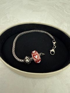 Trollbeads 粉紅心心玻璃珠+連花花球手鏈64202680845570110