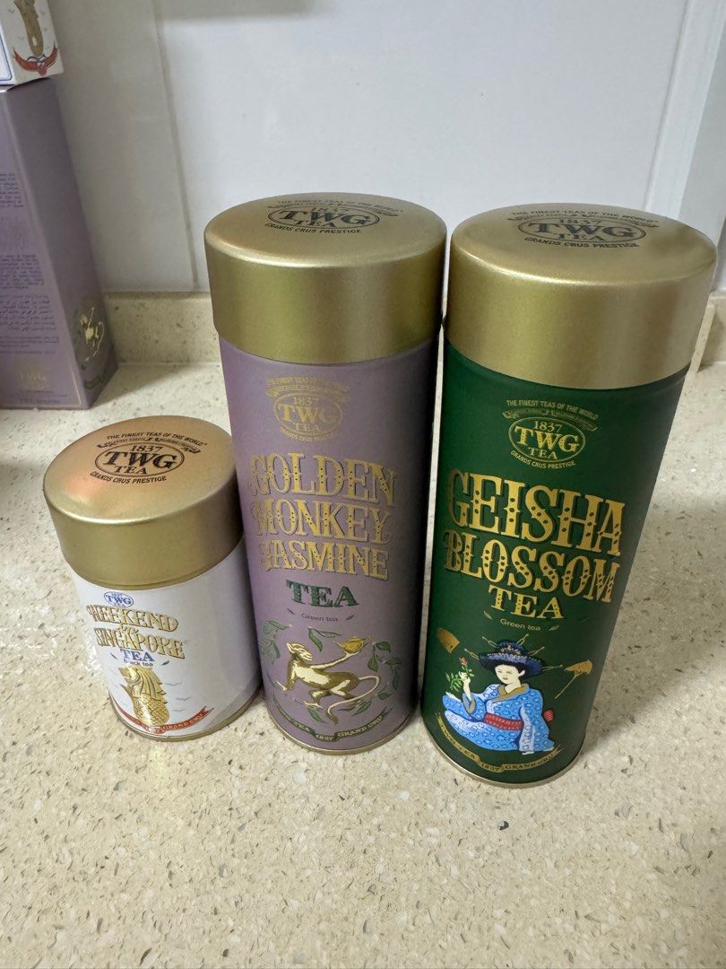 TWG Tea Empty Tins (Category: Beverages) located in Singapore. Submitted by ycl0123 (Listing ID 1395447708, Image 1). Description: - Set of three TWG tea empty tins. - Condition is like new. Not used before. - Big one $15 each, capacity for 100g tea leaves - Small one $6, capacity for 50g tea leaves. Self collect at Yishun MRT station..