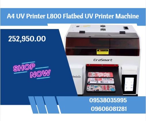 A4 UV Printer L800 Flatbed UV Printer Machine (Category: Printers, Scanners & Copiers) located in Caloocan City. Submitted by francineja42756 (Listing ID 1390457082, Image 1). Description: Model number A4 UV L800 printer Printing Technology Smart inkjet printing technology、print white and color at the same time、can print cylinder Ink color(UV ink) cmykww Printer head Epson L800 printheads Printing speed 1440*1440 30*45cm/5minute Max Print Resolut