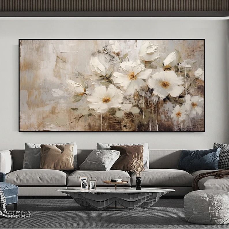 Abstract Flower Oil Painting On Canvas,Large Wall Art,Original White ...