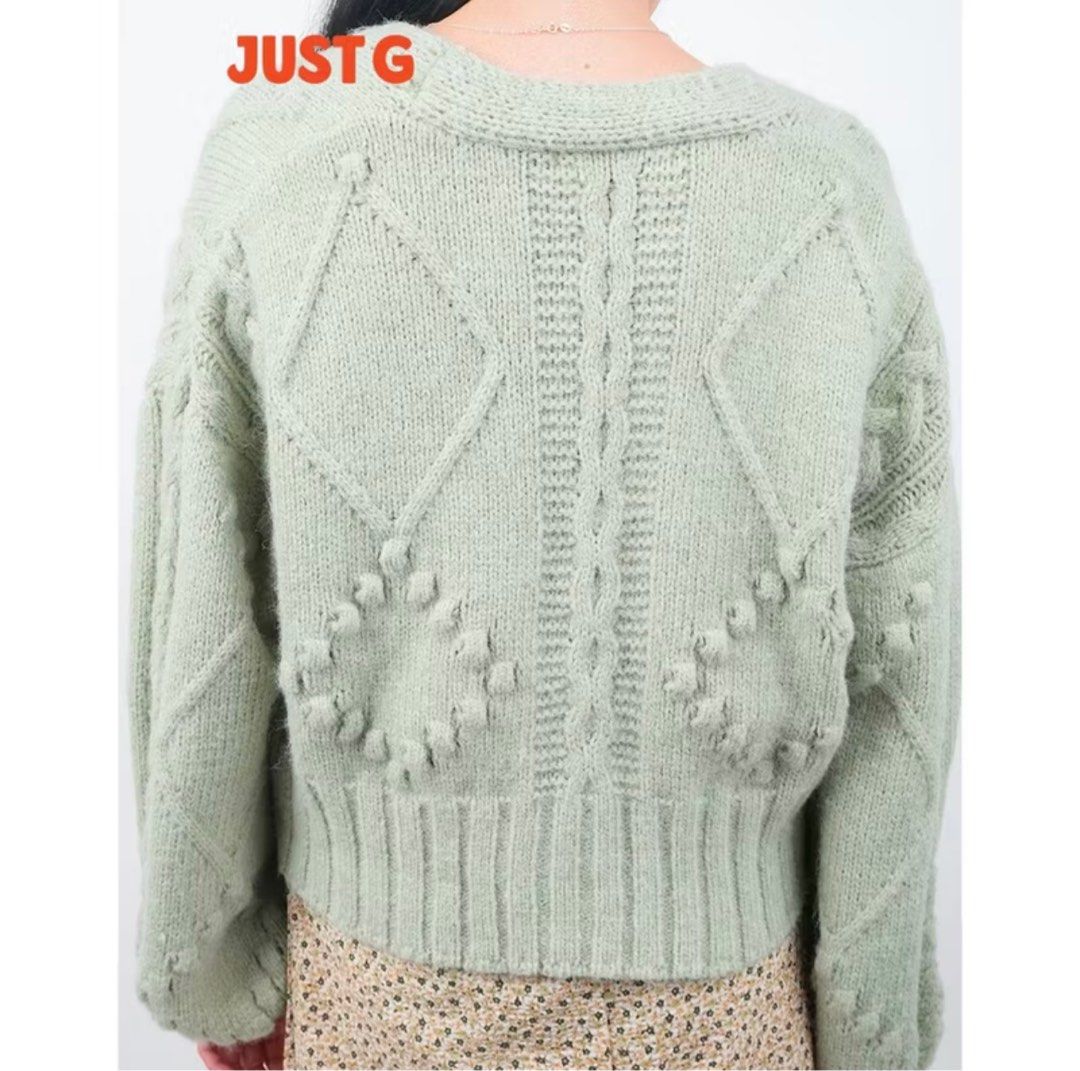 Chunky Cable Knit Cardigan in Light Green (Category: Coats, Jackets and Outerwear) located in Paranaque City. Submitted by aprilicity (Listing ID 1390504894, Image 3). Description: super cute light sage / mint green color! only washed and tried on. selling low, original price on Just G’s store is 1,800. size chart included. NO WHEN WORN besides those posted, thank you :) SHIPPING: LBC or Grab (can do other couriers but buyer will book).