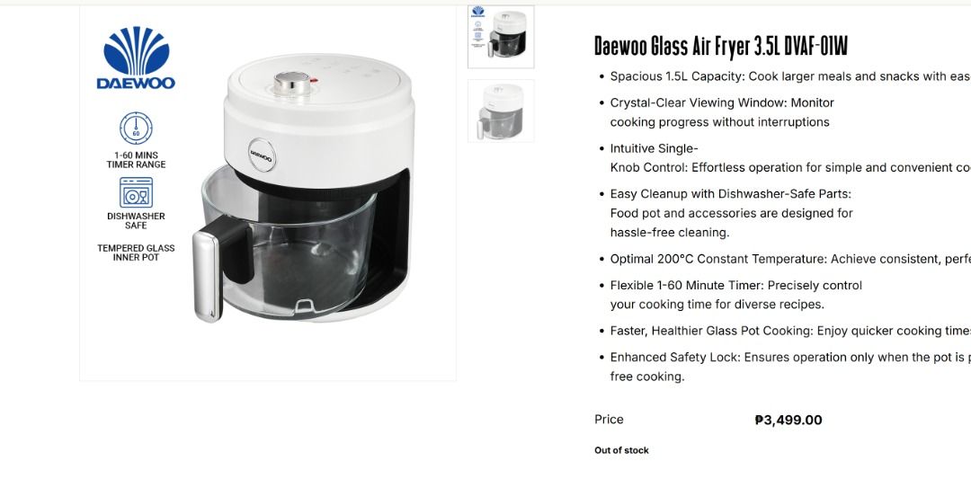 Daewoo Airfryer (Category: Cookware & Accessories) located in Quezon City. Submitted by aloiseee (Listing ID 1390516024, Image 2). Description: Brand New and Sealed Below SRP PM!! MOP: Gcash Loc: Welcome Rotonda, SM North.