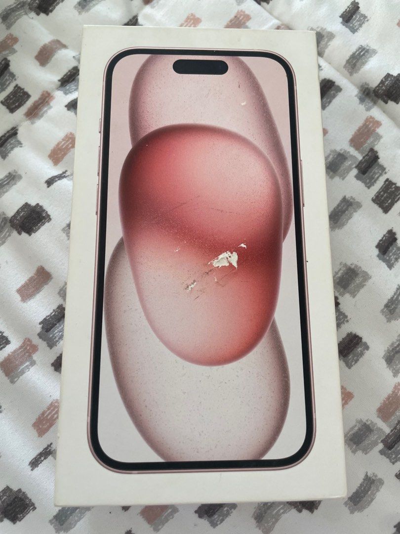 Iphone 15 box only (Category: iPhone 15 Series) located in Macabebe. Submitted by karen_ocampo (Listing ID 1390481236, Image 1). Description: with scratch.