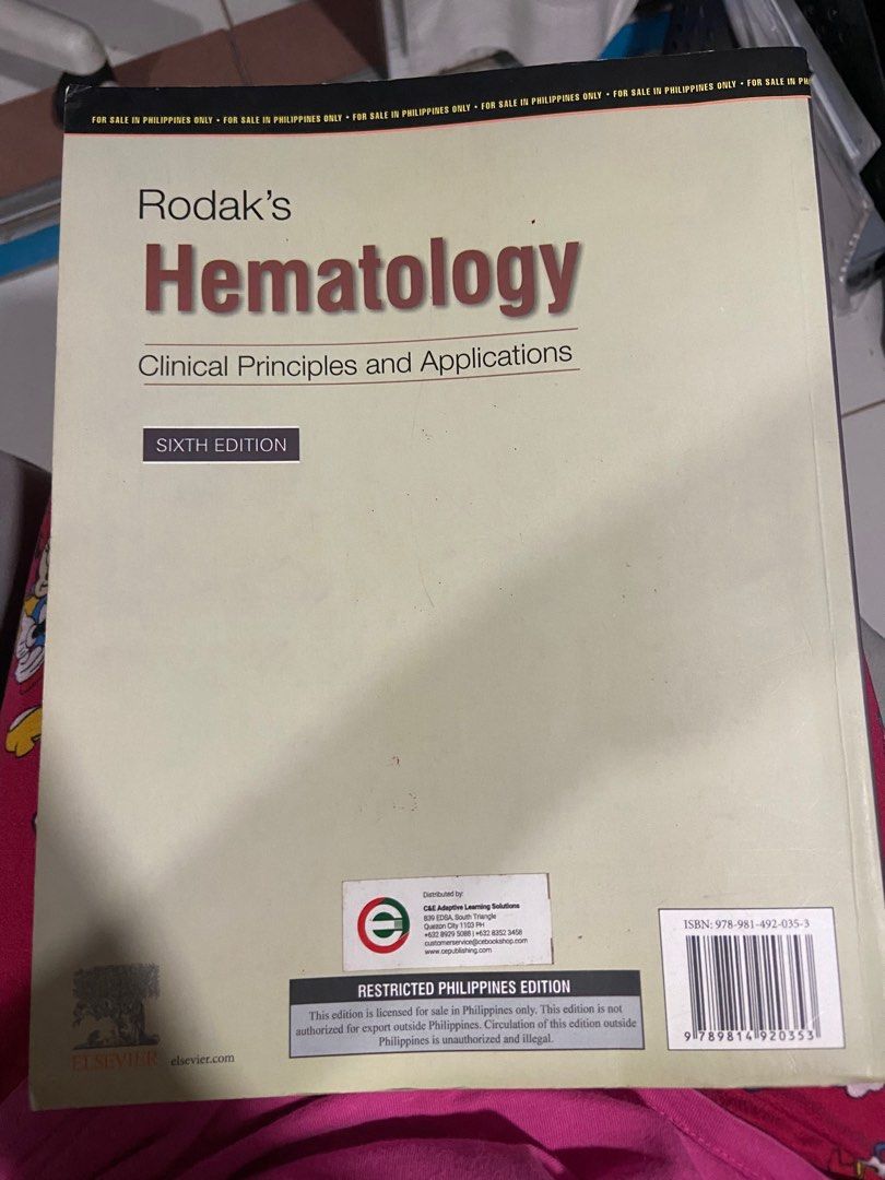 Rodak’s Hematology 6th ed (Category: Textbooks) located in Manila. Submitted by lorelaiali (Listing ID 1390566403, Image 3). Description: Hii! Super like new siya hihi bumili lang bcoz nirequire ng prof. Bought it sa C&E store mismo. No highlights and everything. Bought it sa physical store ng c and e for 2,677. I swear super like new 🩷 May basbas na yan ng HEMA 1 and HEMA 2 😂😚 Loc: Pureza LRT/ Mendiola, Manila.