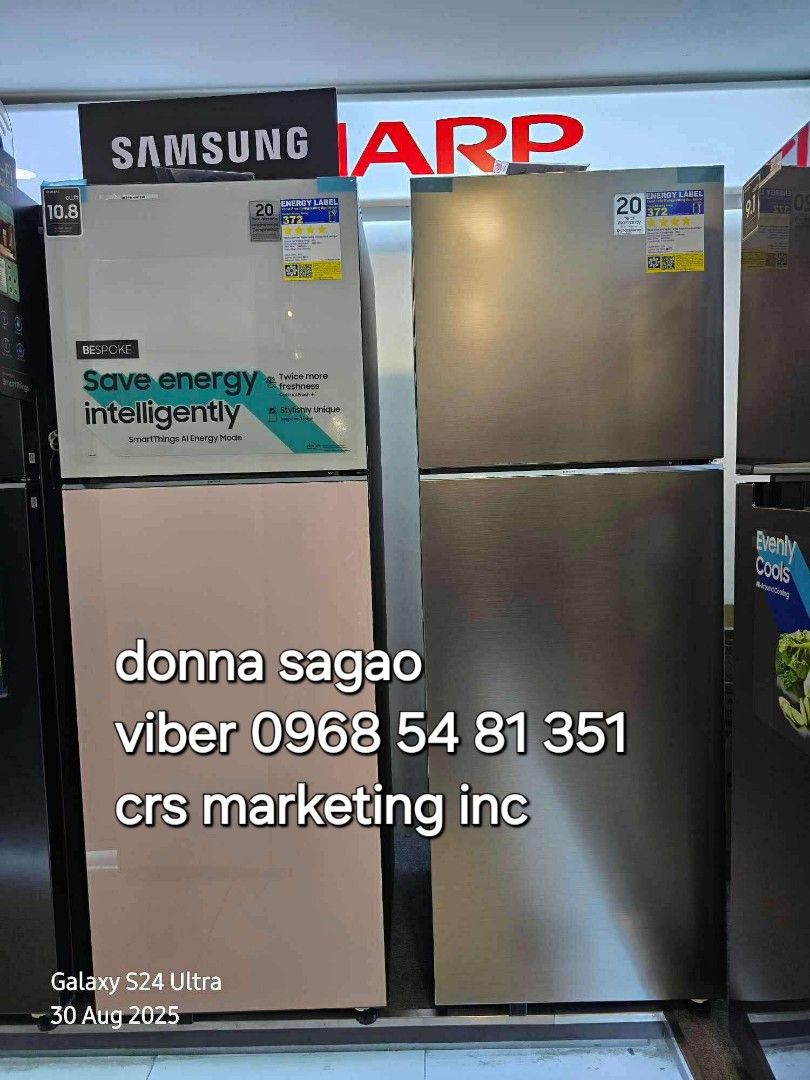 Samsung refrigerator (Category: Refrigerators and Freezers) located in Manila. Submitted by donnasagao03665 (Listing ID 1390492335, Image 1). Description: 💙 SAMSUNG REFRIGERATOR TWO DOOR INVERTER NO FROST / SAMSUNG REF INVERTER 💙 RT20FARVDSA 7.4- 17,300 RT22M4033UT 8.4 - 19,300 RT25FARBDUT 9.1 - 21,000 RT31CG5424S9 10.8 - 23,900 INOX RT31CB564422 10.8 - 29,800 Bespoke Smarthing Clean Black RT31CB56448C 10.8 - 24,500 Bespoke White Pink RT35CG544