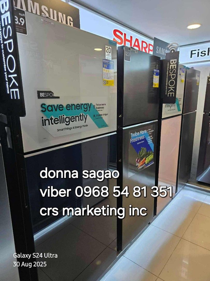 Samsung refrigerator (Category: Refrigerators and Freezers) located in Manila. Submitted by donnasagao03665 (Listing ID 1390492335, Image 2). Description: 💙 SAMSUNG REFRIGERATOR TWO DOOR INVERTER NO FROST / SAMSUNG REF INVERTER 💙 RT20FARVDSA 7.4- 17,300 RT22M4033UT 8.4 - 19,300 RT25FARBDUT 9.1 - 21,000 RT31CG5424S9 10.8 - 23,900 INOX RT31CB564422 10.8 - 29,800 Bespoke Smarthing Clean Black RT31CB56448C 10.8 - 24,500 Bespoke White Pink RT35CG544