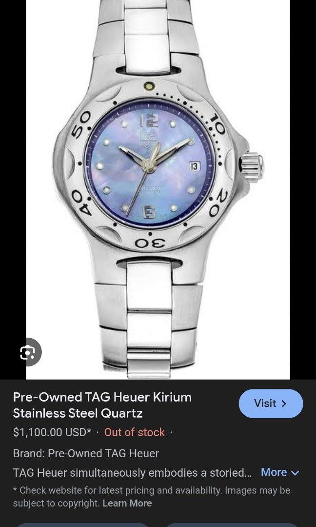 Tag Heuer kirium womens (Category: Women's Watches) located in Manila. Submitted by corollasprinter11 (Listing ID 1390530020, Image 2). Description: Discontinued model Steal price! TAG Heuer Kirium Blue Dial mother of pearl dial Women's Stainless Steel Watch Ref# WL131H Unit and replacement box only Case Size approx 26mm 3'0 calendar aperture Quartz movement Will fit to 7 inches wrist size All original Pre-owned good condition 9/10 Price:14k firm