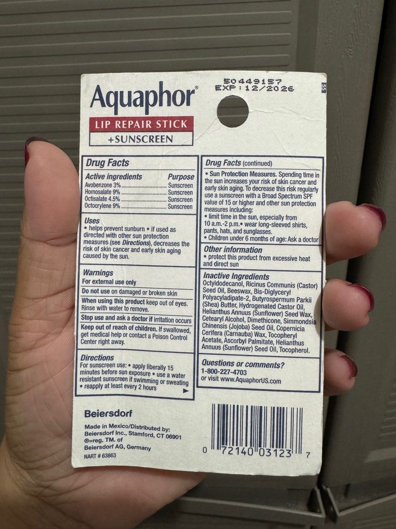 2 pcs Aquaphor Lip Repair Stick + Sunscreen (Category: Face Care) located in Valenzuela. Submitted by djforlales (Listing ID 1395611719, Image 2). Description: New value pack of Aquaphor Lip Repair Stick + Sunscreen. It is designed for very dry lips and provides broad spectrum SPF 30. The product helps relieve dryness and soothes chapped, cracked lips. It contains vitamins and shea butter. The pack includes two.17 oz (4.8g) sticks. The expiration