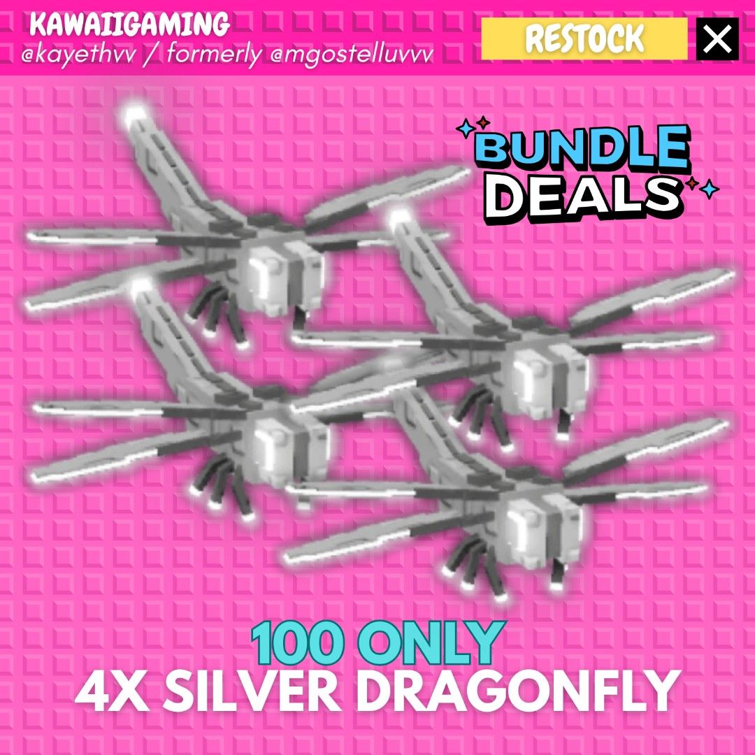 [ 4PCS BUNDLE ] SILVER DRAGONFLY GROW A GARDEN PET ROBLOX CHEAP (Category: In-Game Products) located in Cavite. Submitted by kawaiigaming (Listing ID 1395546997, Image 1). Description: 𐙚⋆.˚ kawaiigaming .ᐟ.ᐟ selling #growagarden pet & sheckles .ᐟ ♡ Pet ability can be seen on the 2nd photo. ♡ Always check my listings for more items. ♡ All pets available, some are pre-order and some are onhand— feel free to dm me what you need. ♡ Strictly not goin