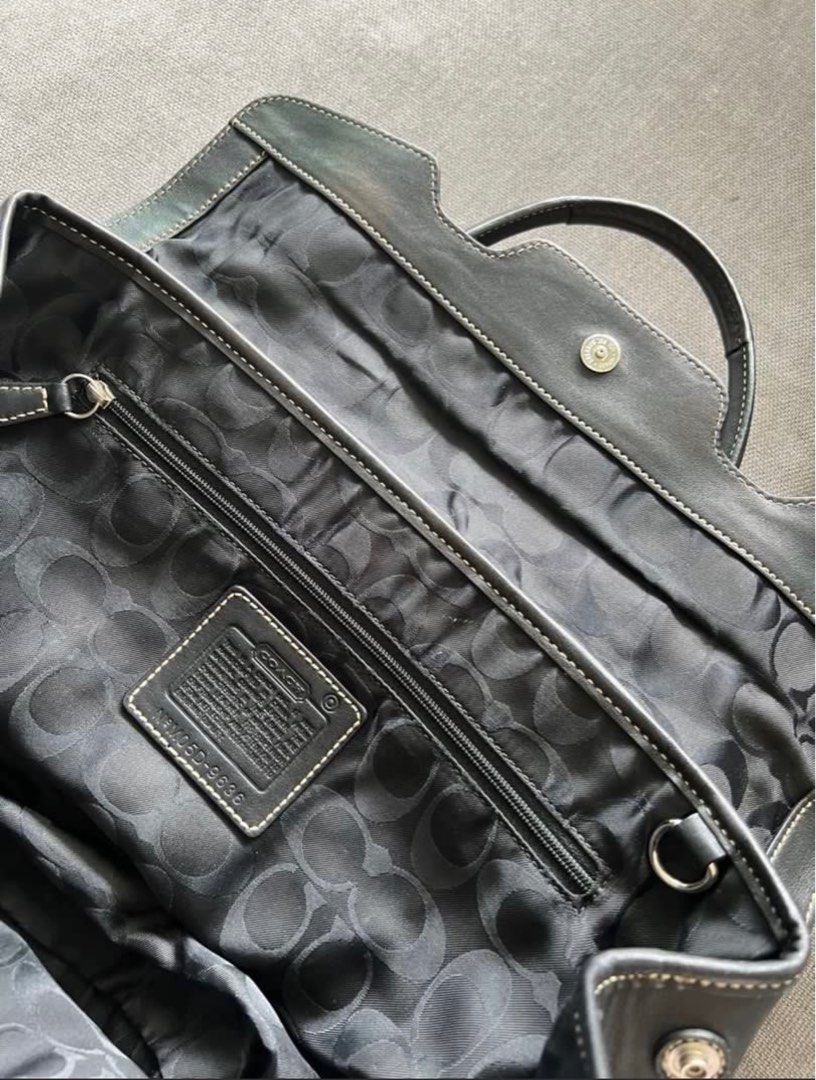 Coach Black Leather Handbag (Category: Luxury Bags & Wallets) located in Manila. Submitted by d.archives. (Listing ID 1395647668, Image 3). Description: - Black leather Coach handbag - Silver hardware - Dual top handles - Flap closure with buckle details - Interior zippered pocket - Coach tag and hang tag included - White stitching details - Coach logo pattern lining RFS: not using so much, and need cash asap :(.