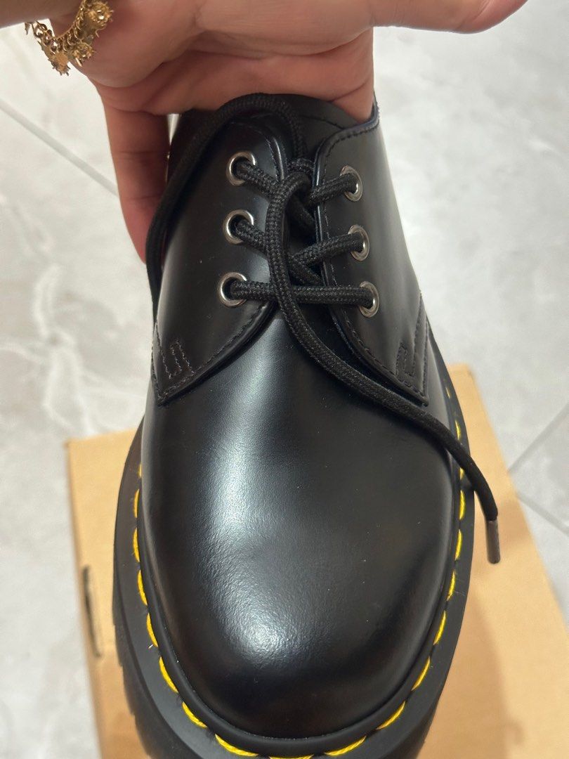 Doc Martens 1461 Quad 3 Eye shoes (Black) (Category: Loafers) located in Las Pinas. Submitted by bajoygama49292 (Listing ID 1395590949, Image 2). Description: Selling authentic Dr. Martens black 1461 Quad 3 Eye shoe yellow stitch. Bought from UK. Used only once. Rfs: Size is too big. Already bought another one. Slightly negotiable. Size: Womens US 8 Mens US 7 EU 39 UK 6.