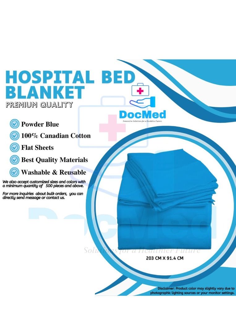 DOCMED HOSPITAL BED BLANKET AND PILLOW CASE (Category: Medical Supplies & Tools) located in Quezon City. Submitted by zyra26 (Listing ID 1395557533, Image 1). Description: hospital bedding made of 100% Canadian cotton, which includes blankets, bedsheets, and pillowcases. These linens are available in solid colors, such as white and powder blue, and are marketed as washable and reusable. .