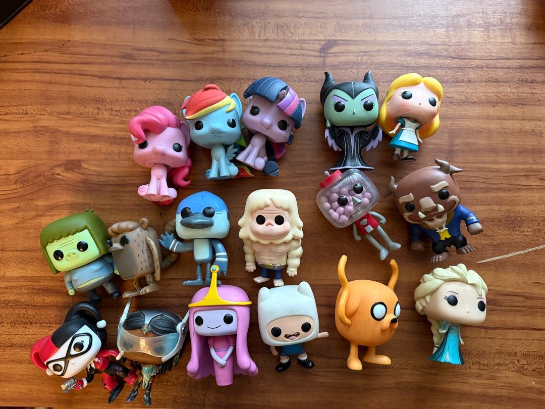 Funko Pop! Vinyl Figures Assorted Characters (Regular Show Adventure Time Disney Cuphead) (Category: Designer & Blind Box Toys) located in Manila. Submitted by 6urns (Listing ID 1395609076, Image 1). Description: Selling all funkos you see in the picture as a set! see other pictures for everything. Boxed and unboxed! - Funko Pop! vinyl figure collection. - Features characters from Adventure Time, Regular Show, Overwatch, My Little Pony, Disney, a