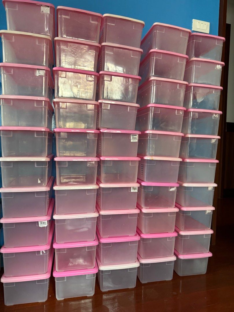 HomeWorld Shoe Box with Pink Lid (Category: Storage Boxes & Baskets) located in Batangas. Submitted by GDW98 (Listing ID 1395571323, Image 1). Description: - Clear plastic storage boxes - Pink lids - Rectangular shape - Approximately 30cm in length - Side holes for ventilation - Original price: ₱219.75 per box -selling low 85.00 per piece - take all for 3500.