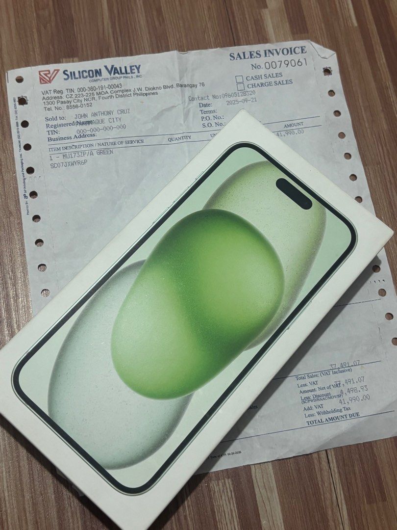 Iphone 15 plus 128gb (Category: iPhone 15 Series) located in Caloocan City. Submitted by kenchien09-24483 (Listing ID 1395591768, Image 1). Description: Iphone 15 Plus -Green 128GB -Brandnew sealed ₱36,000 fix price! 📍Bacoor, Cavite .