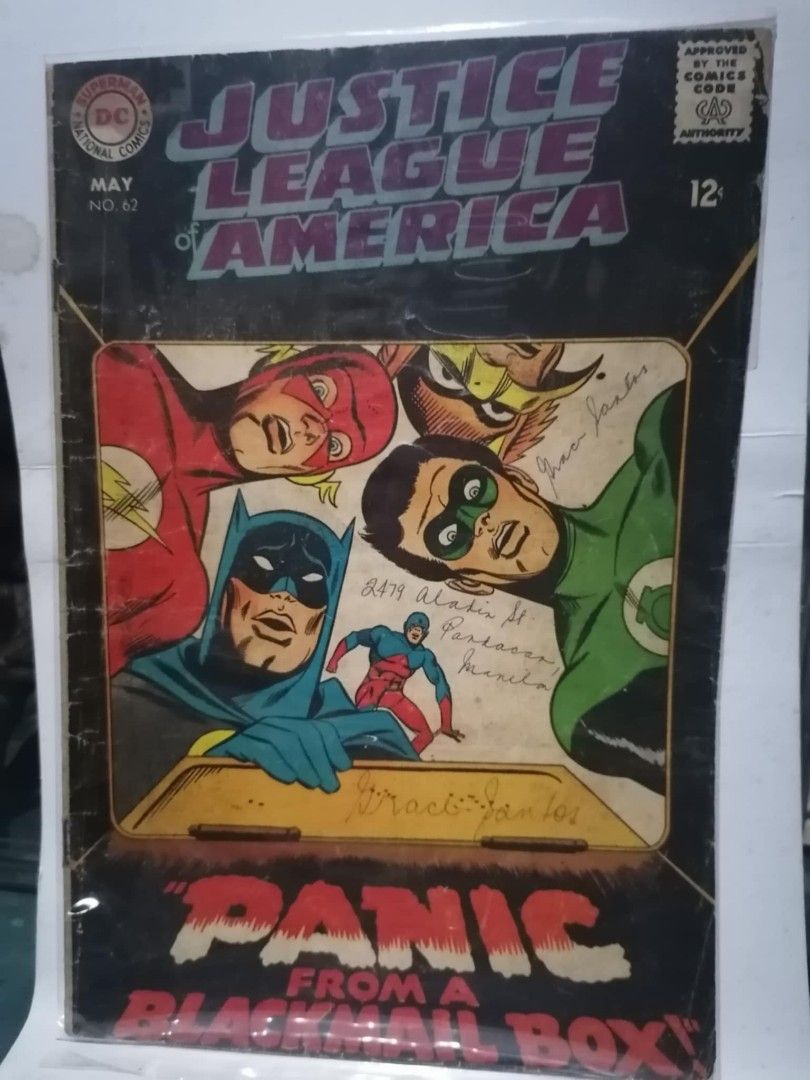 Justice League issue#62, 1968 (Category: Comics & Manga) located in Makati City. Submitted by flash2000 (Listing ID 1395605698, Image 1). Description: silver age DC justice league#62, sekowsky, 1968 panic from the blackmail box, lowgrade condition, can be pick up only thru grab/lalamove.