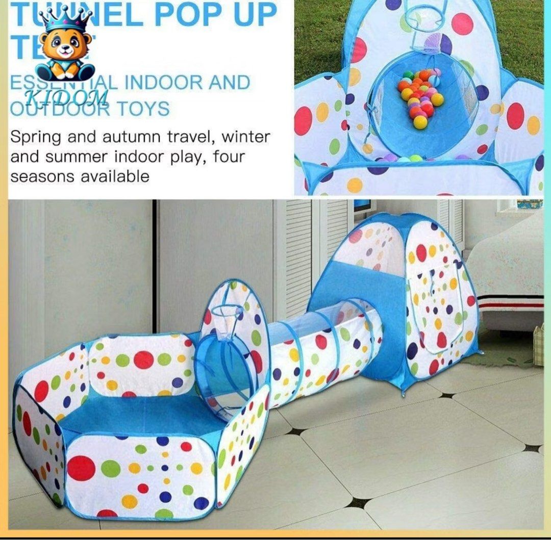 KIDOM 3-in-1 Pop Up Play Tent (Category: Infant Playtime) located in Manila. Submitted by domtuazon28088 (Listing ID 1395605607, Image 1). Description: - 3-in-1 design: Ball pool, tunnel, and tent - Features a basketball hoop - Colorful polka dot design - Suitable for indoor and outdoor use - Perfect for all seasons (spring, autumn, winter, summer) - Easy to set up - Provides a fun play space for kids.