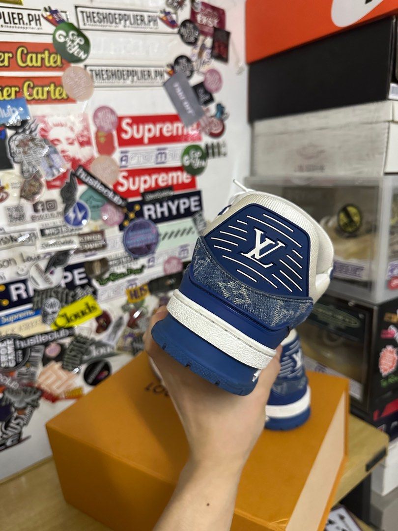 Louis vuitton lv trainers denim blue (Category: Sneakers) located in Manila. Submitted by kick.asskicksph (Listing ID 1395637125, Image 3). Description: Size 8 lv fits 9-9.5mens us Lv trainer denim blue with box.