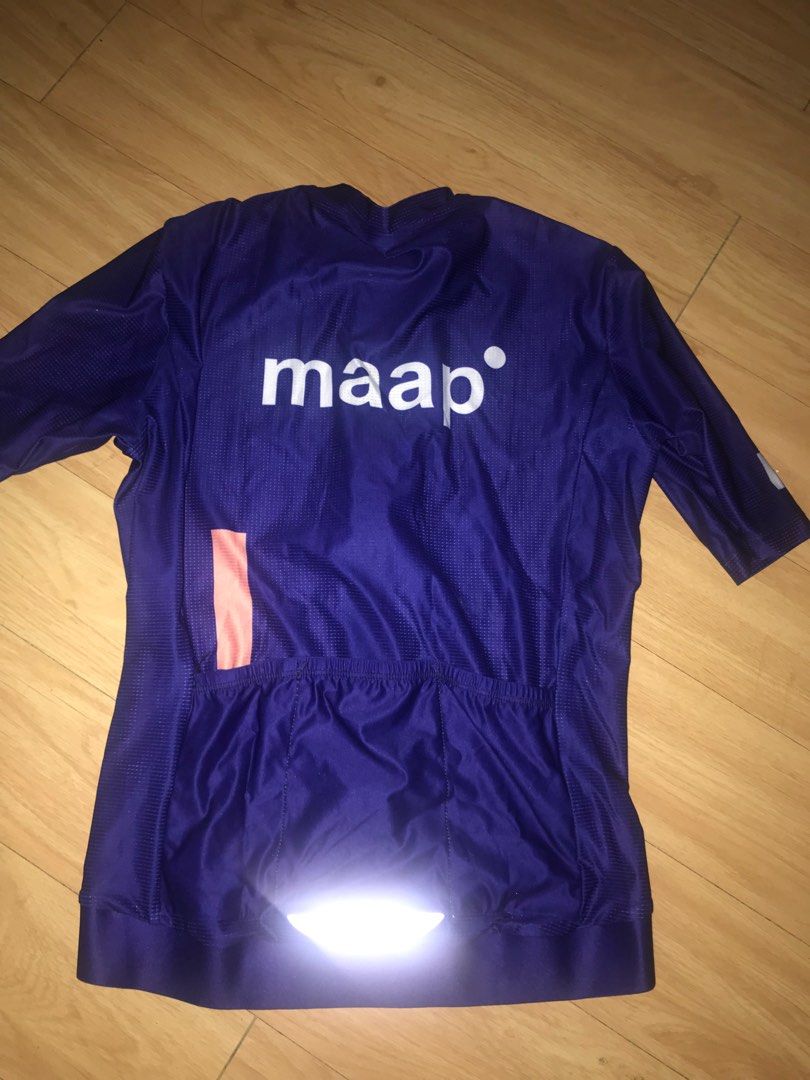 MAAP Cycling Jersey (S) womens (Category: Bicycles) located in Manila. Submitted by mndoxajc (Listing ID 1395595718, Image 2). Description: - MAAP purple cycling jersey - Full-length zipper - Short sleeves - MAAP logo on front and back - Reflective strip for visibility - Streamlined design for cycling.