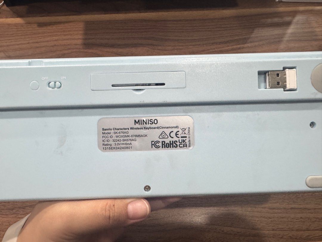Miniso Cinnamoroll Keyboard (Category: Computer Keyboard) located in Davao. Submitted by tubbyandchuckie (Listing ID 1395584819, Image 2). Description: Selling my Miniso Cinnamoroll Wireless Keyboard Used for less than a year Battery-operated | USB dongle RFS: declutter P500 only.