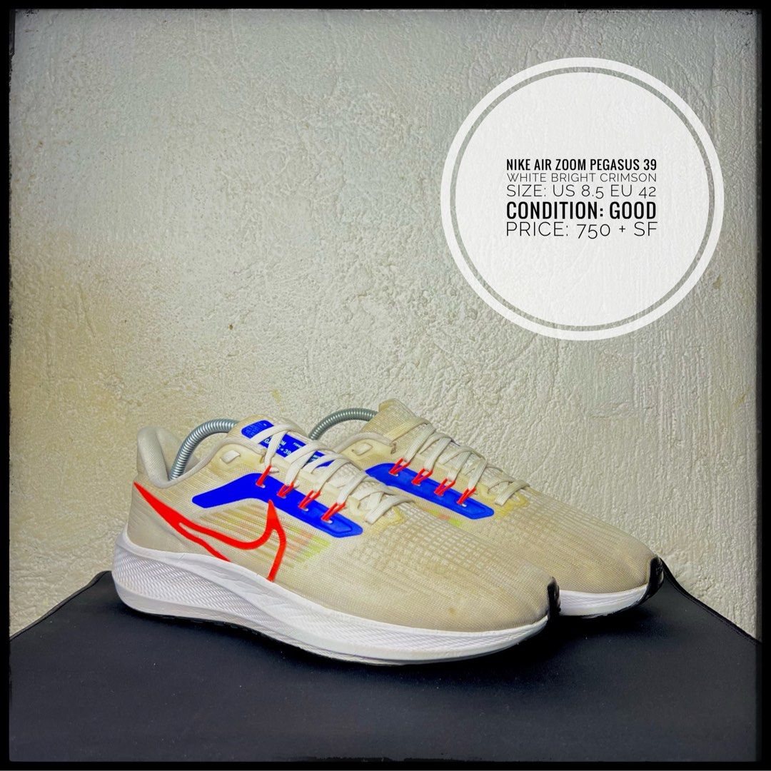 Nike Air Zoom Pegasus 39 White Bright Crimson (Category: Sneakers) located in Makati City. Submitted by woeb_gone (Listing ID 1395531321, Image 1). Description: Nike Air Zoom Pegasus 39 Color: White Bright Crimson Size: US 8.5 / EU 42 Condition: Good Price: 750 + SF Upgrade your sneaker game with these stylish Nike Air Max 270 Sneakers! Please note that these pairs are used/thrifted, so manage your expectations accordingly. The actual color may v