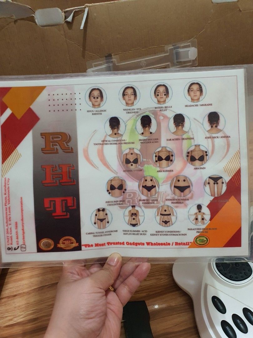 RHT TENS Therapy Foot Massager (Category: Massage Devices) located in Cavite. Submitted by heyimsosab (Listing ID 1395621379, Image 3). Description: - RHT TENS Therapy Foot Massager - Includes: Belt, Pads, Remote Control, and Instruction Manual - Features foot-shaped platforms with red accents - Provides TENS therapy - Includes diagrams of body and foot reflexology points originally nabili nasa 35k rfs: decluttering po very effective for tense mu